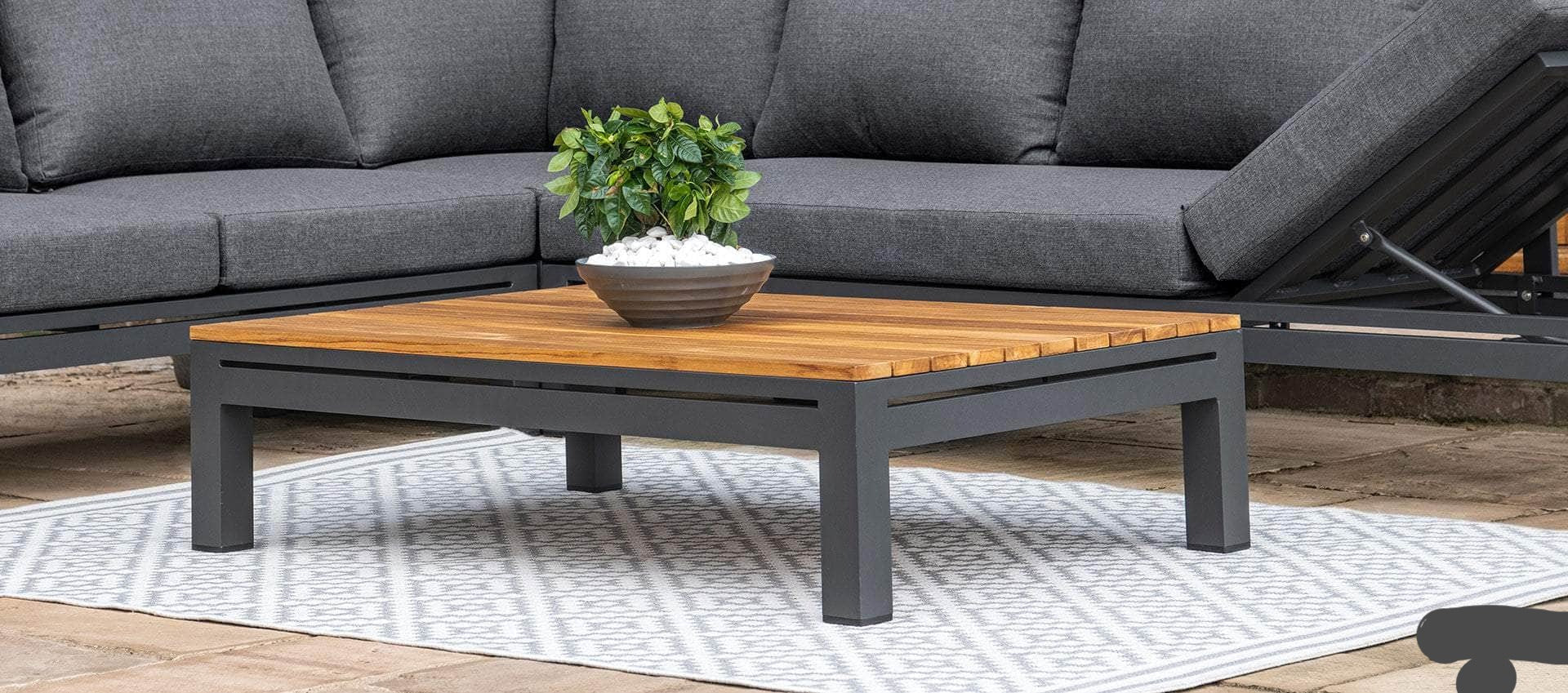 Cieux Sectional Bordeaux Outdoor Patio Aluminum Metal Coffee Table with Acacia Wooden Top in Grey and Natural