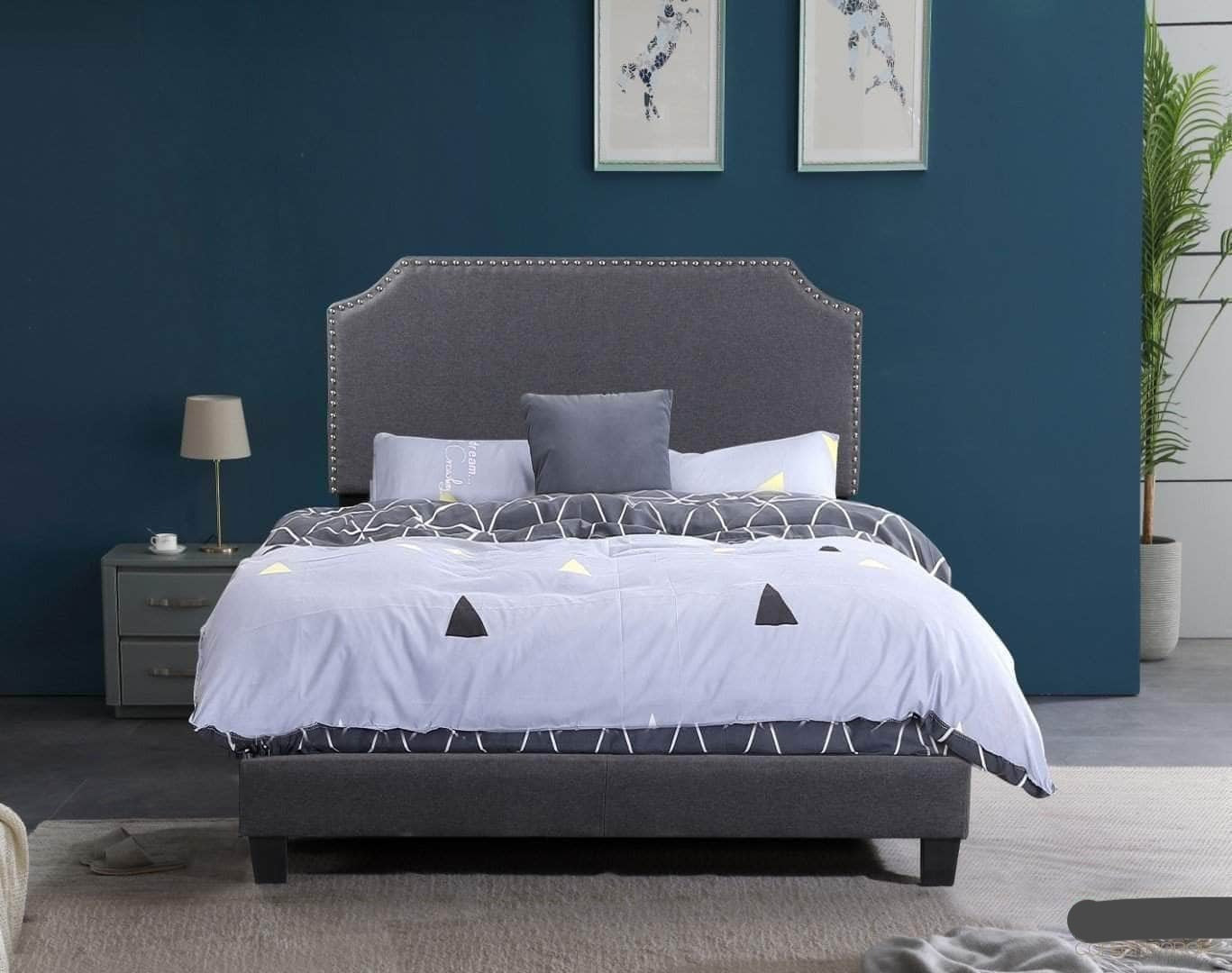 Markle Dark Grey Linen Platform Bed with Nailhead Trim