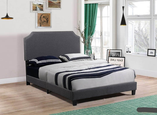 Markle Dark Grey Linen Platform Bed with Nailhead Trim Side