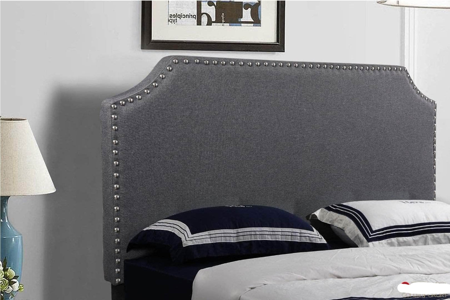 Markle Dark Grey Linen Platform Bed with Nailhead Trim Headboard