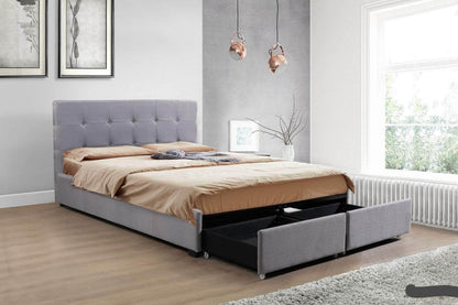 Victoria Grey Tufted Linen Platform Bed with Two Storage Drawers Side