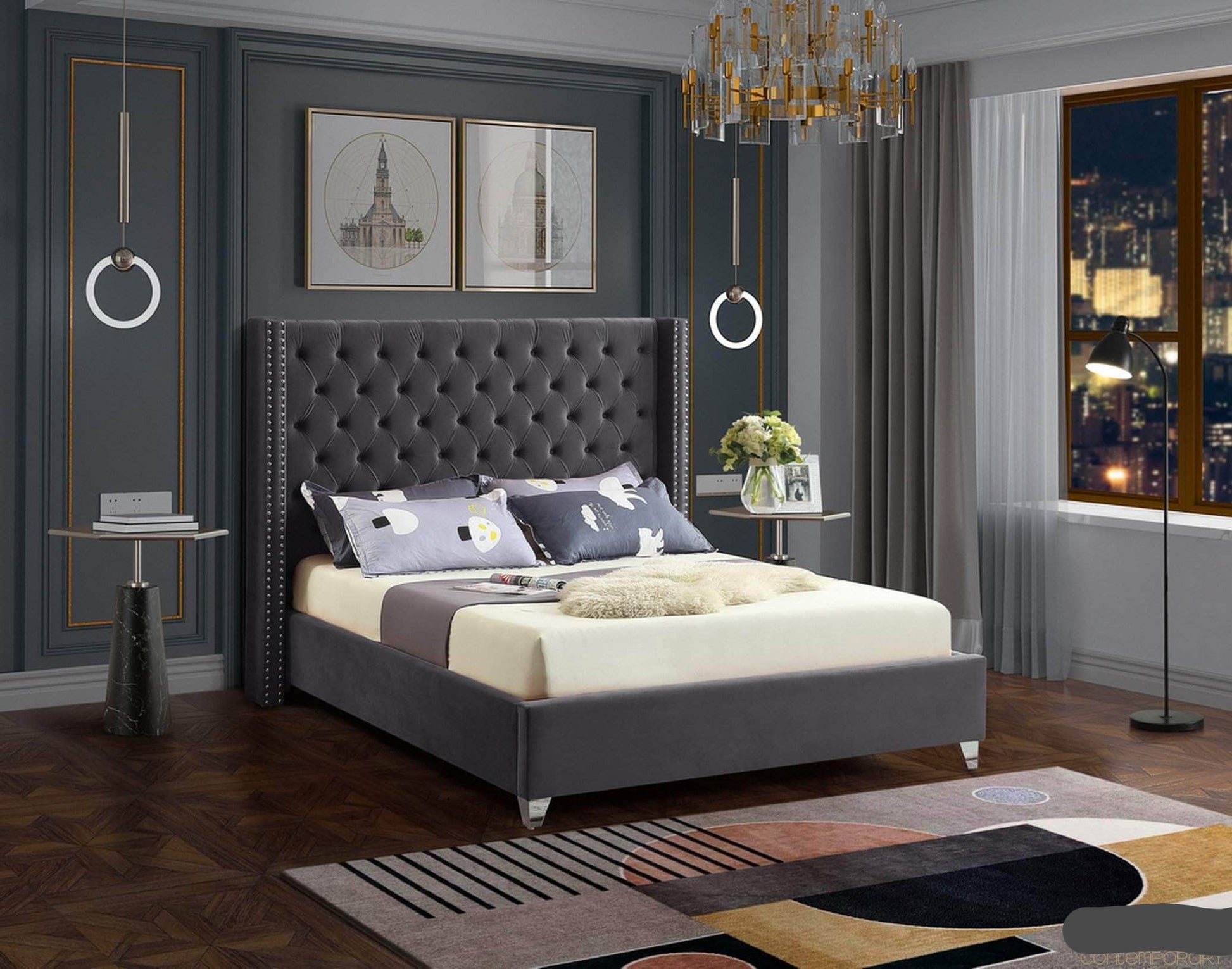 True Contemporary Queen Belle Grey Linen Tufted Wingback Platform Bed - Available in 2 Sizes