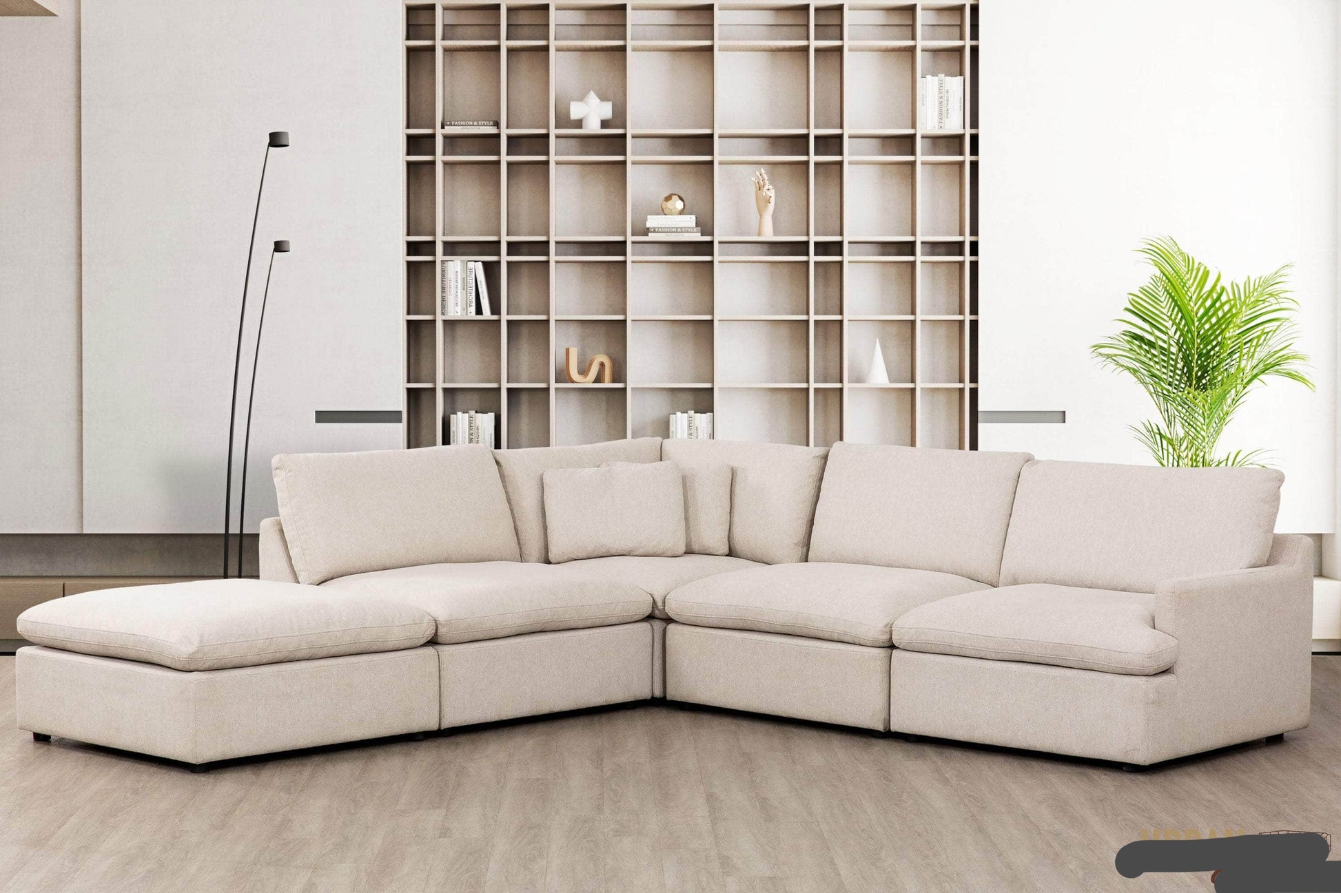 Urban Cali Long Beach Modular L-Shaped Sectional Sofa with Ottoman in Axel Beige