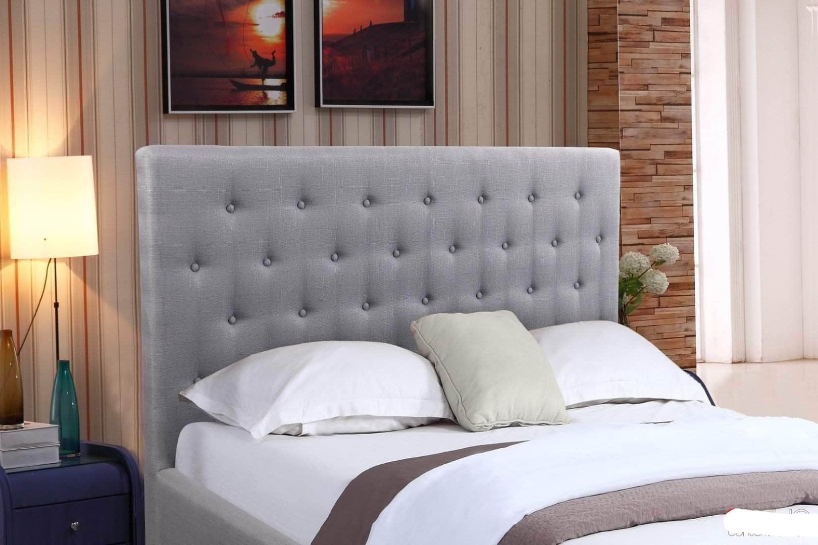 True Contemporary Bed Charlotte Grey Tufted Linen Platform Bed with Three Storage Drawers - Available in 3 Sizes