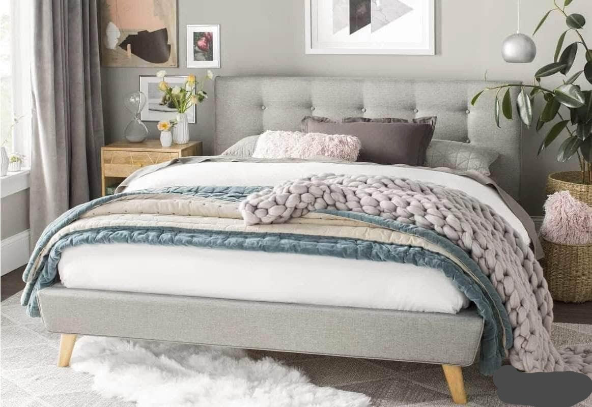 True Contemporary Bed King Grey Drew Tufted Linen Platform Bed