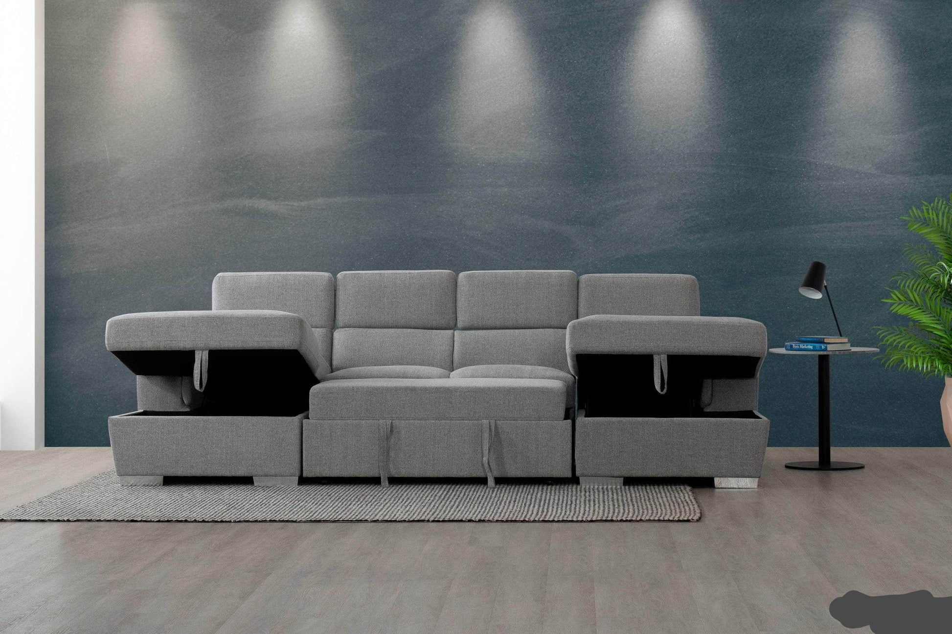 Urban Cali Sectional Bel Air Modular U-Shaped Sleeper Sectional Sofa with Storage Chaises in Thora Stone