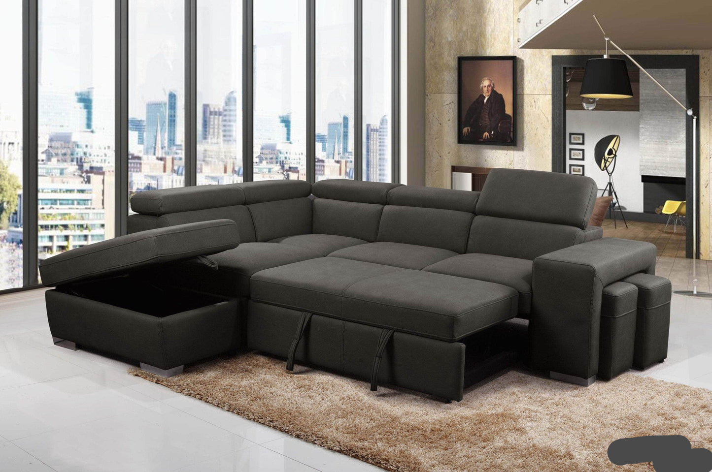 Urban Cali Sleeper Sectional Pasadena Large Sleeper Sectional Sofa Bed with Storage Ottoman and 2 Stools - Available in 2 Colours