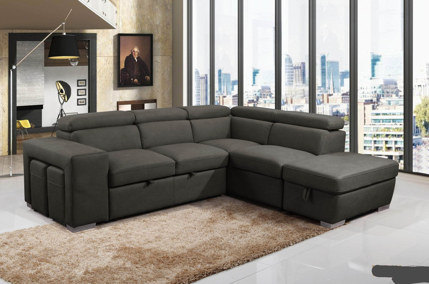 Urban Cali Sleeper Sectional Pasadena Large Sleeper Sectional Sofa Bed with Storage Ottoman and 2 Stools - Available in 2 Colours