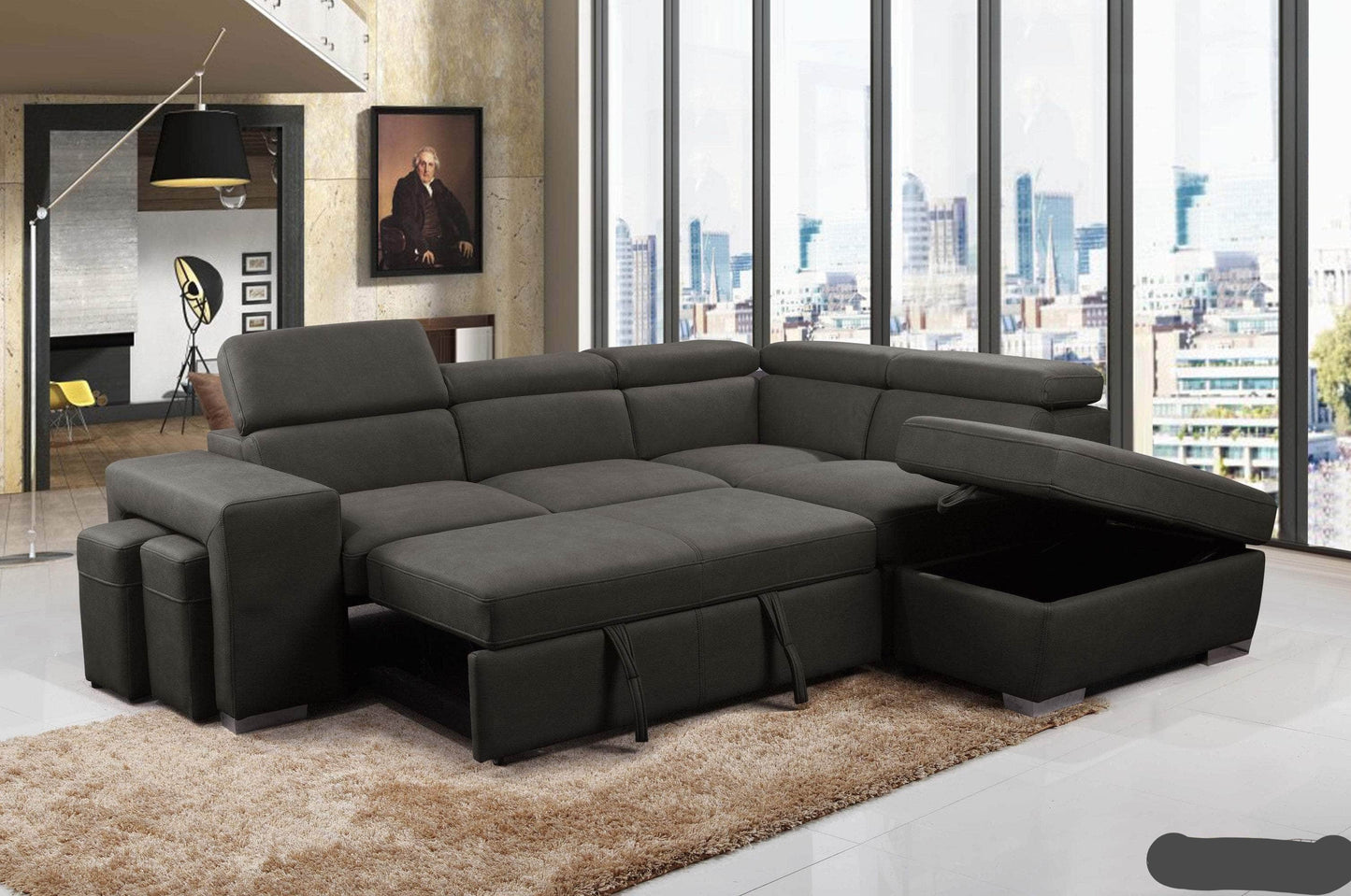 Urban Cali Sleeper Sectional Pasadena Large Sleeper Sectional Sofa Bed with Storage Ottoman and 2 Stools - Available in 2 Colours