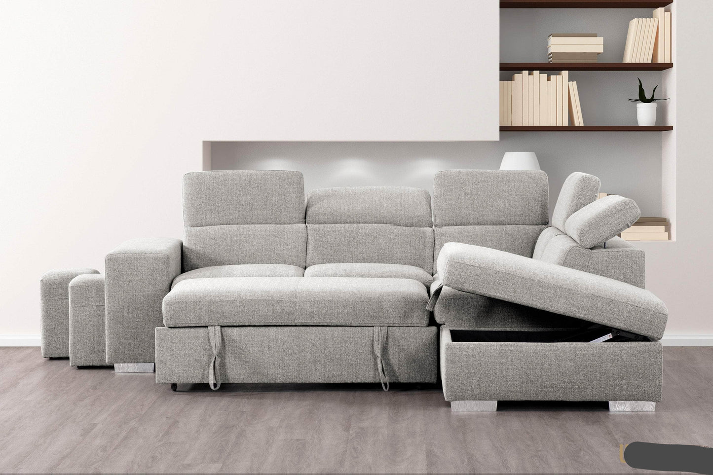 Urban Cali Sleeper Sectional Pasadena Large Sleeper Sectional Sofa Bed with Storage Ottoman and 2 Stools - Available in 3 Colours